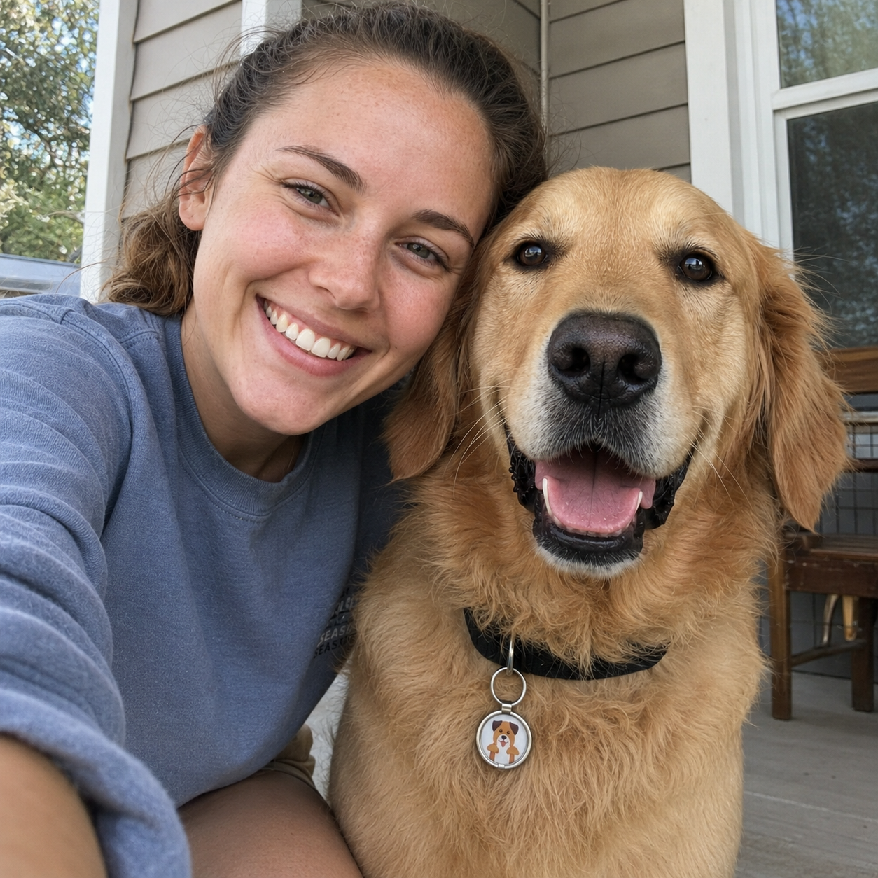 Golden retriever wearing the Smart NFC Pet Tag on its collar with owner