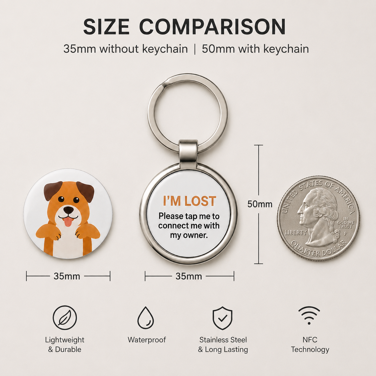 Size comparison: NFC pet tag is 35mm without keychain and 50mm with keychain, next to a US quarter coin