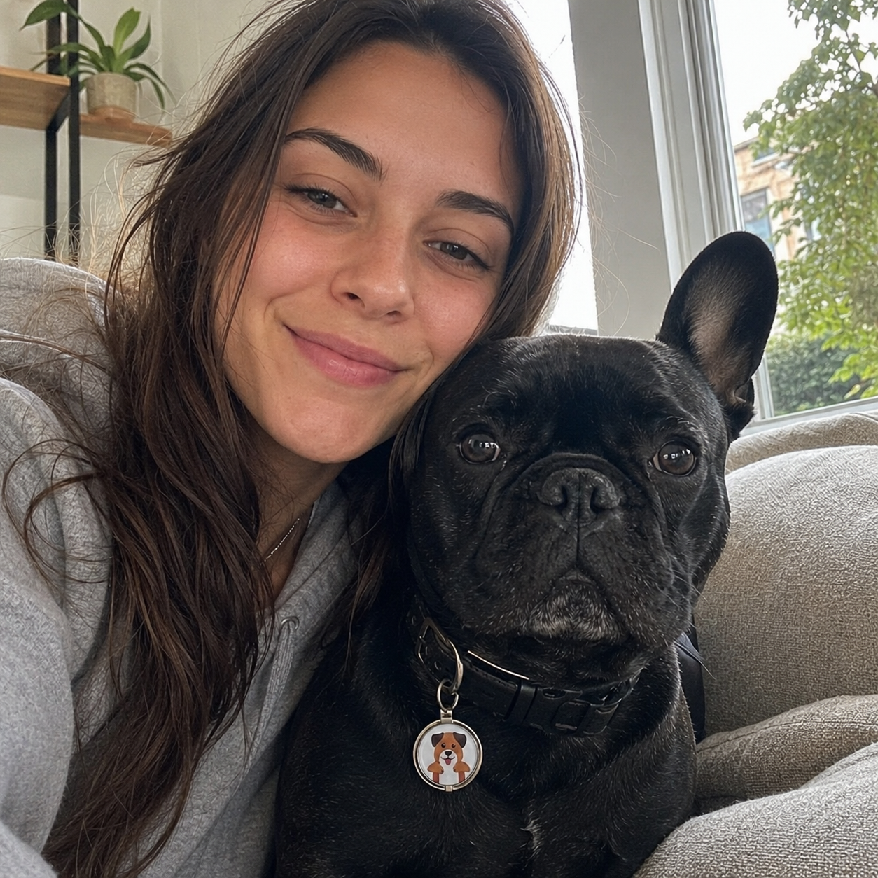 French Bulldog wearing the Smart NFC Pet Tag with owner indoors